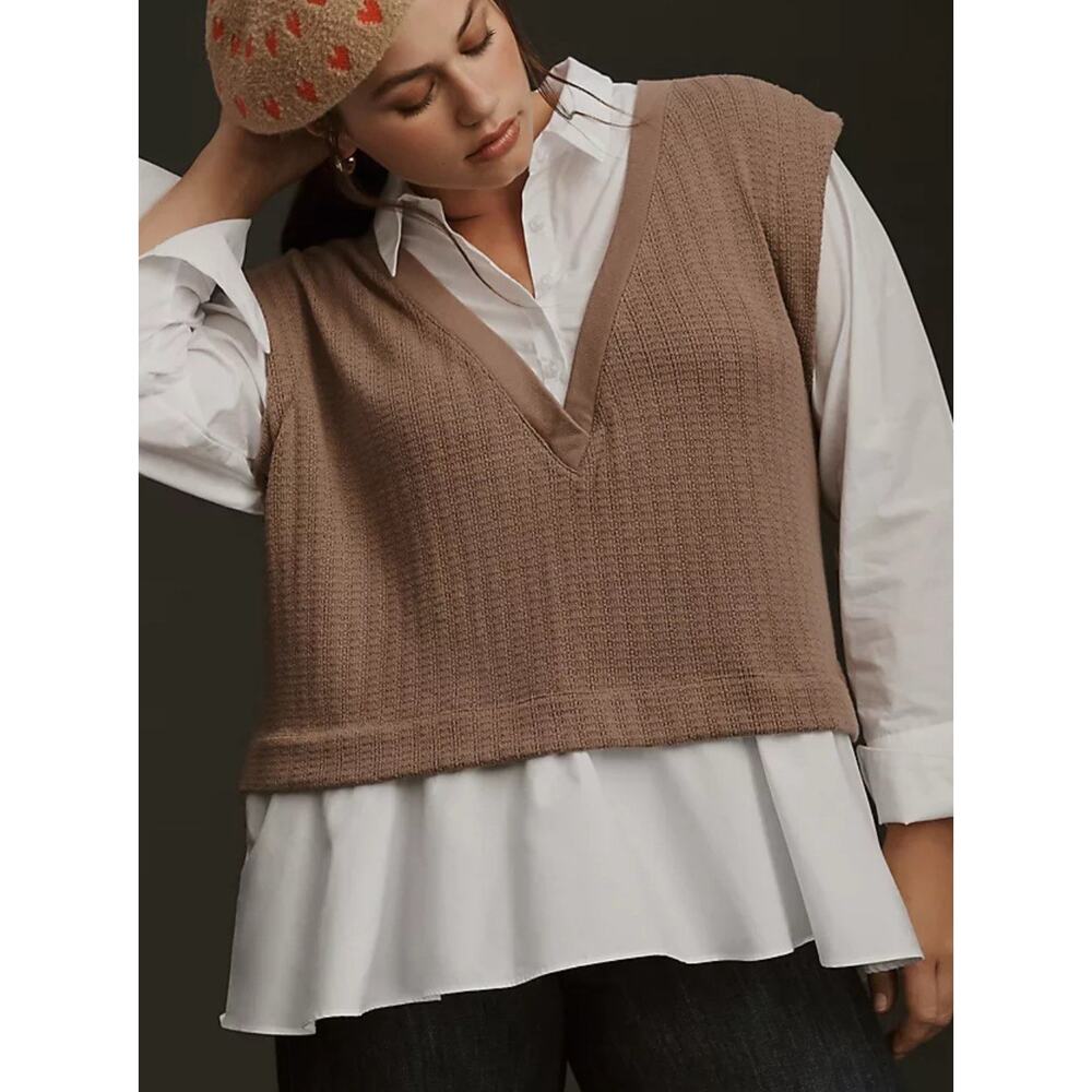 Anthropologie Twofer Sweater Vest Button Up Shirt Women’s SP Small Petite‎